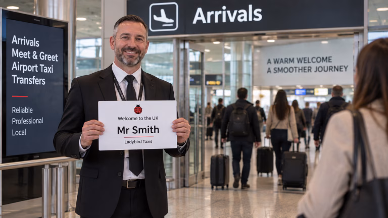 Meet and Greet airport taxi driver waiting in arrivals with passenger name board