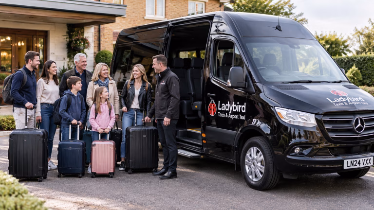 Group of passengers beside a black minibus taxi ready for group travel