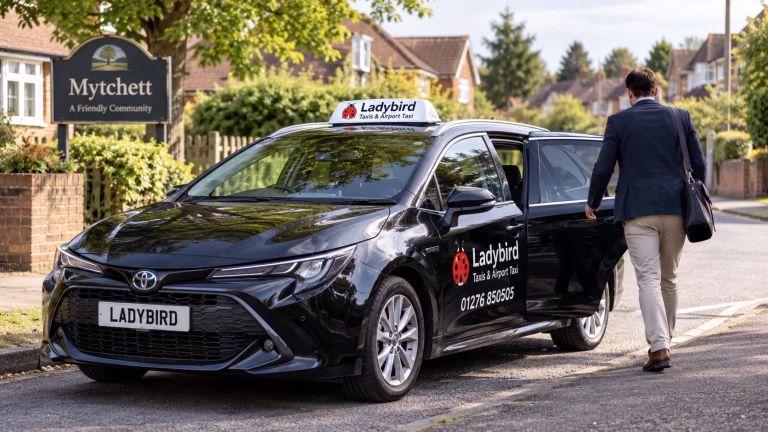 Ladybird local taxi ready for passenger pickup in Mytchett