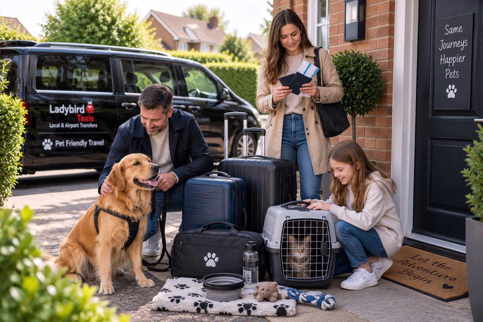 Pet Travel Checklist Before Your Airport Transfer 3 Family checking pet carrier, luggage and airport travel items before taxi departure