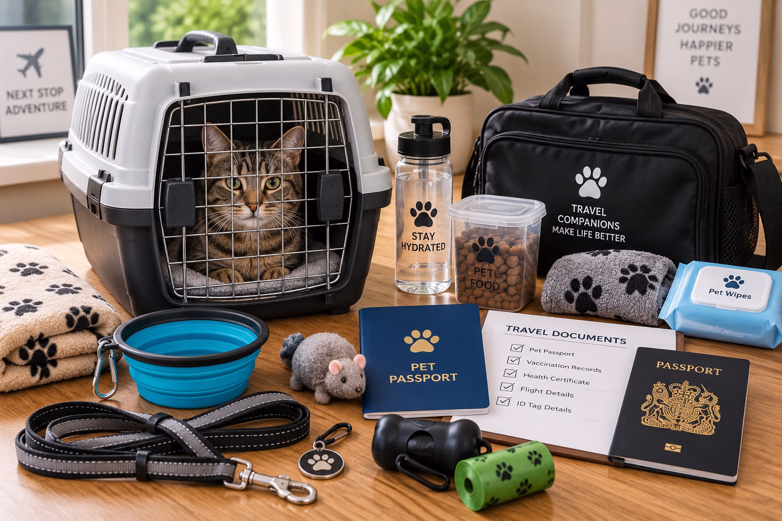 Pet Travel Checklist Before Your Airport Transfer 2 Pet carrier with travel documents, lead, water bowl and airport travel essentials