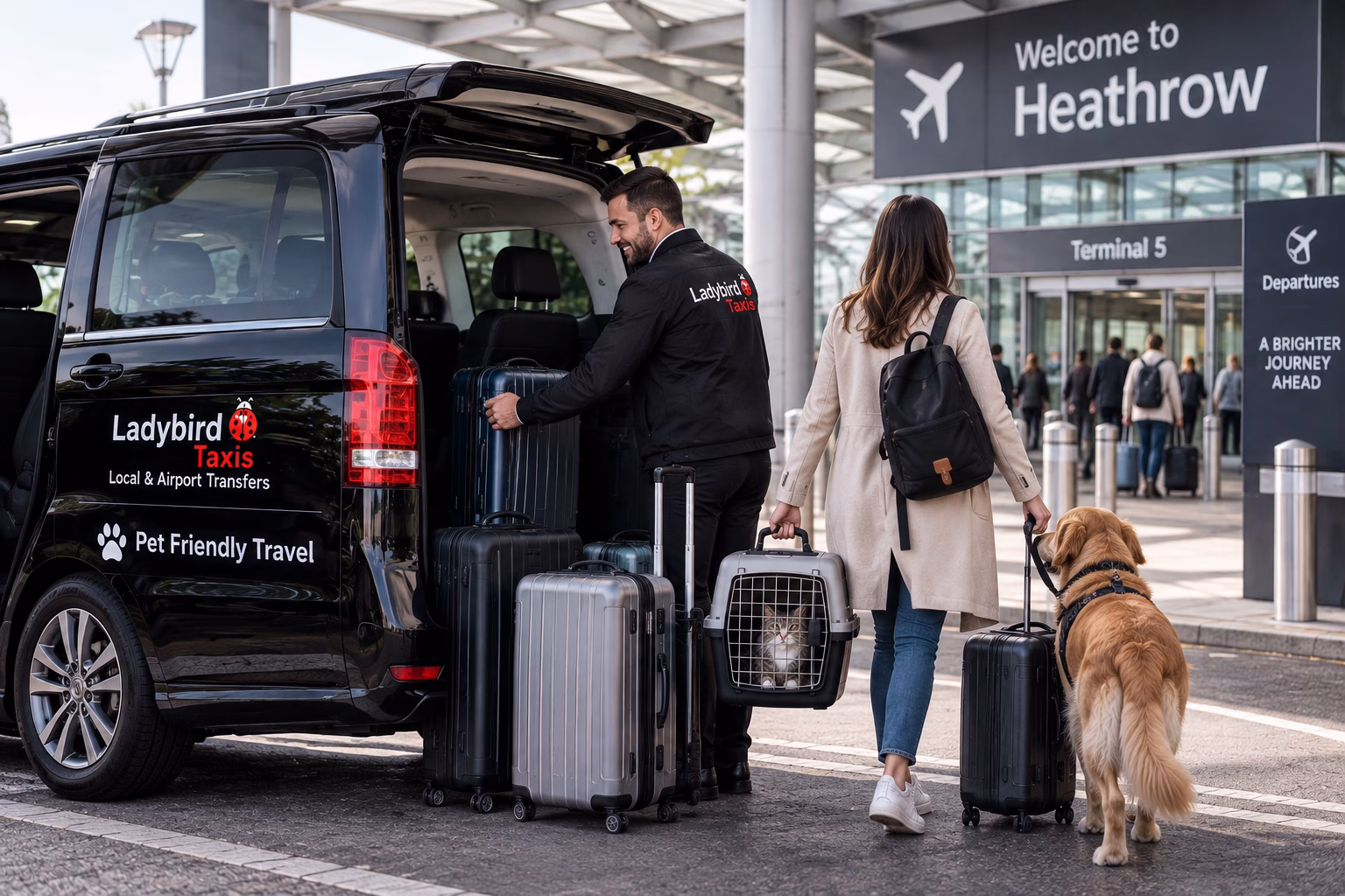 Pet Travel Checklist Before Your Airport Transfer 4 Pet-friendly taxi arriving at a UK airport with traveller, pet carrier and luggage