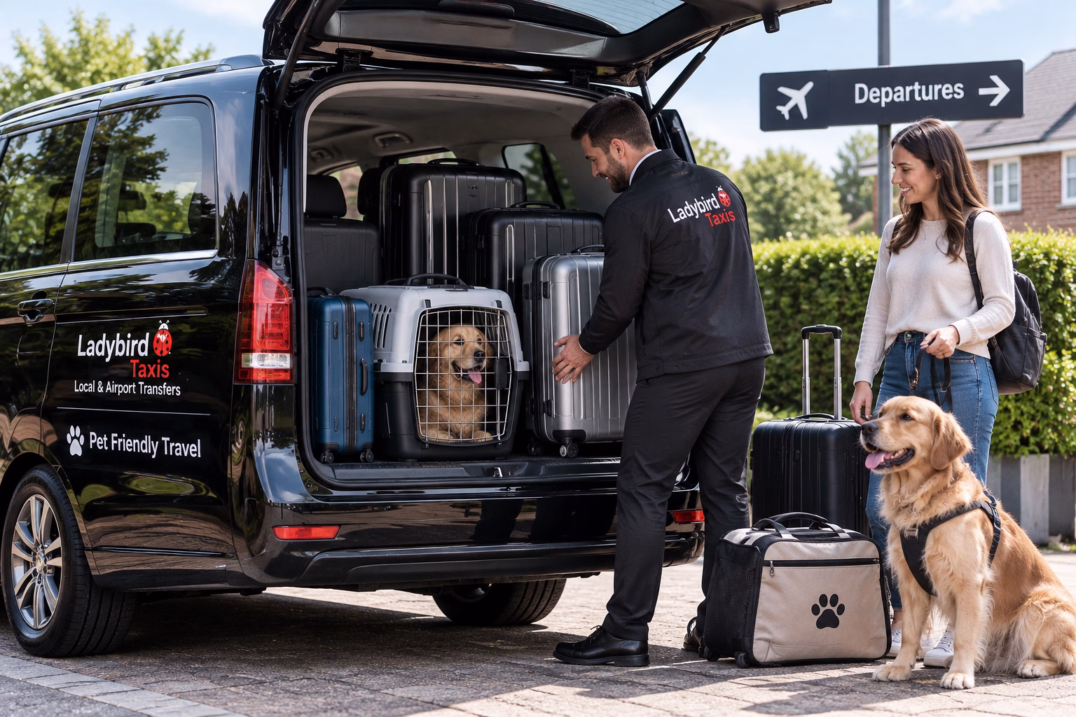 Pet Travel Checklist Before Your Airport Transfer 1 Pet-friendly airport taxi with pet carrier and luggage loaded into a spacious MPV