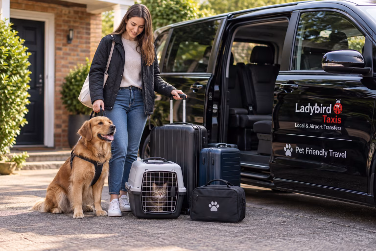 Pet owner with dog and cat carrier beside a pet-friendly airport taxi