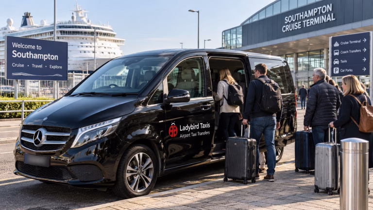 Southampton to Surrey minibus hire with Ladybird-style group transfer vehicle