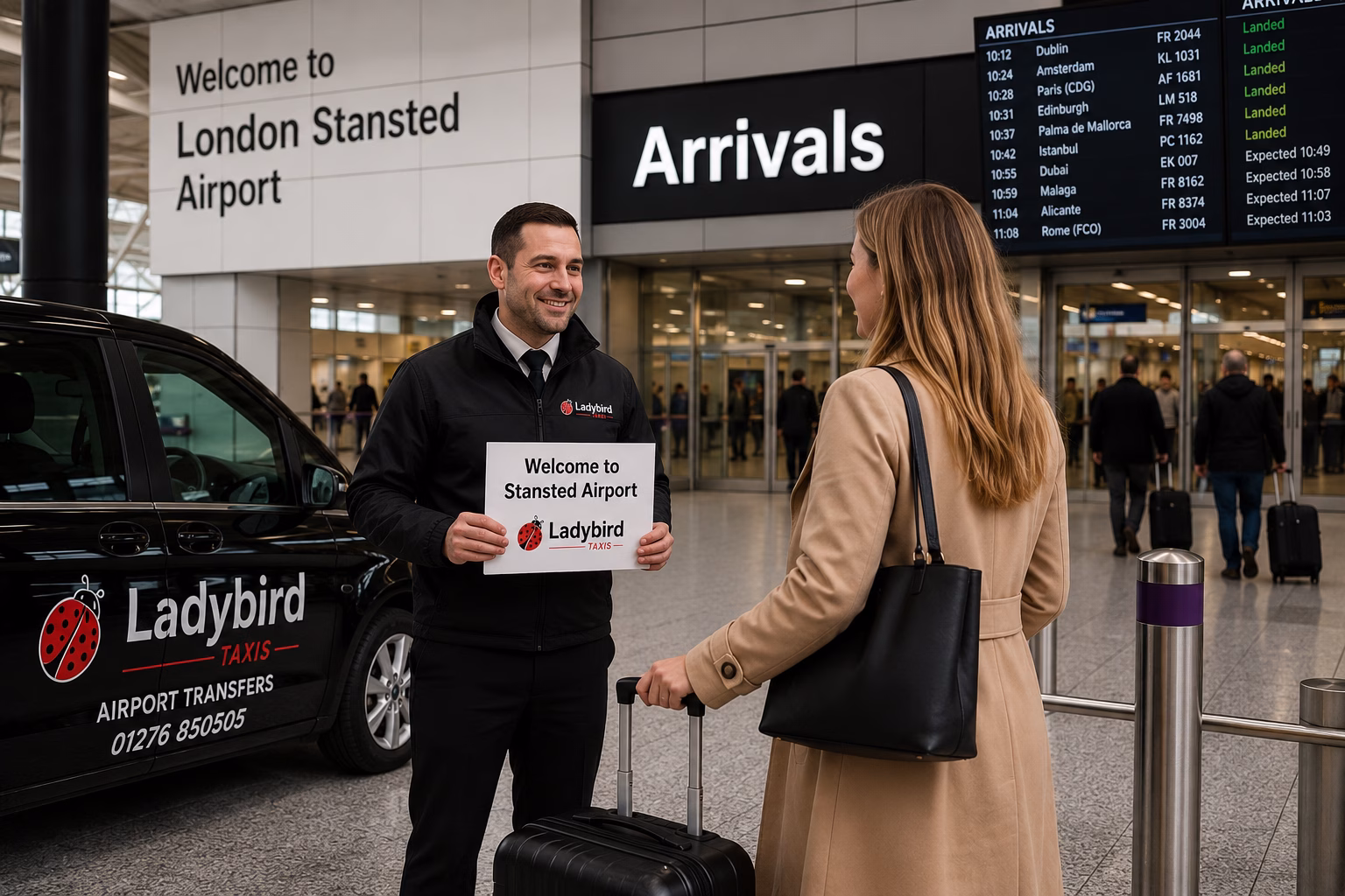 Stansted to Farnborough Taxi Service 2 Driver meeting a passenger at Stansted Airport for a taxi transfer to Farnborough