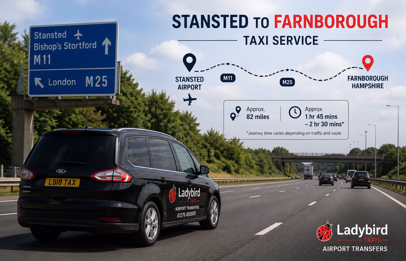 Stansted to Farnborough Taxi Service 1 Taxi travelling from Stansted Airport to Farnborough on a long-distance airport transfer