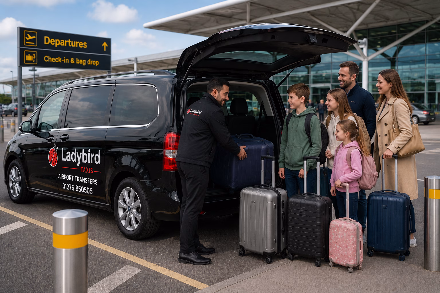 Stansted to Farnborough Taxi Service 3 Family with luggage beside a spacious taxi for a Stansted to Farnborough airport transfer