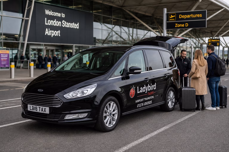 Ladybird taxi at Stansted Airport ready for a transfer to Farnborough