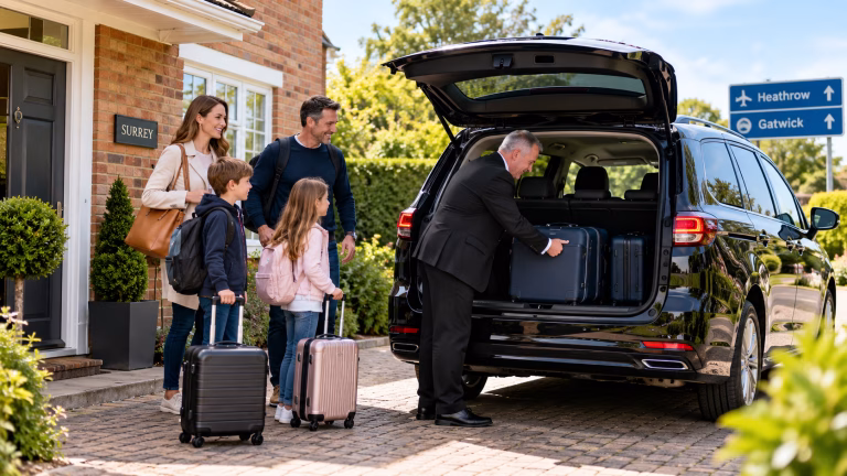Family with luggage preparing for a pre-booked airport taxi journey from Surrey