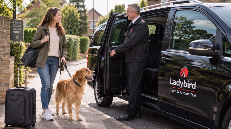 Dog owner with pet dog beside a pet-friendly taxi in Surrey