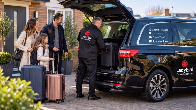 Passenger with luggage boarding a pre-booked taxi during a busy travel period