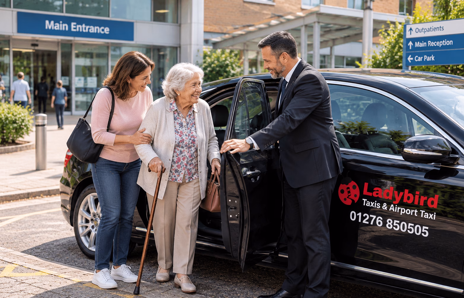 Elderly Taxi Services in Ascot 1 Elderly passenger and family carer arriving at a hospital in a Ladybird medical appointment taxi from Ascot