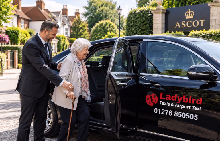 Elderly woman receiving friendly assistance from a Ladybird Taxis driver beside a taxi in Ascot