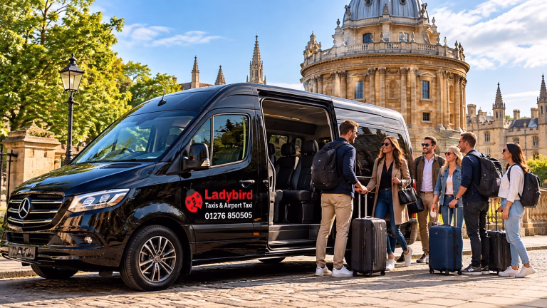 Black Ladybird Taxis 8-seater minibus ready for group travel to popular UK cities