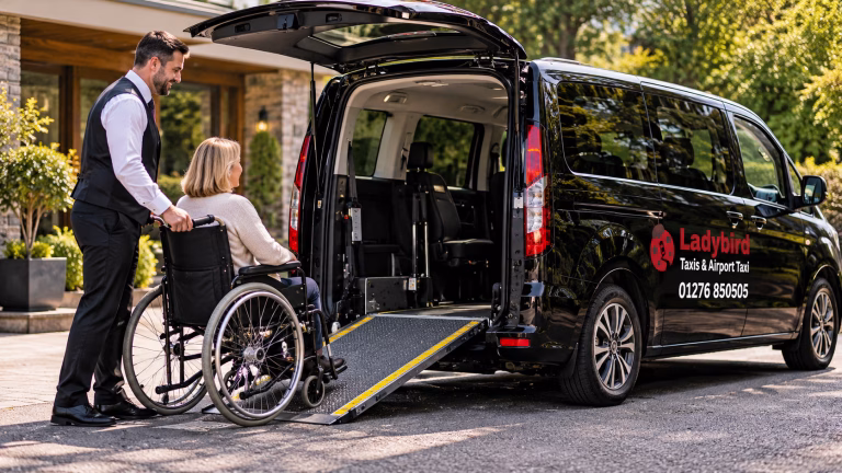 Black wheelchair accessible Ladybird taxi with driver assisting a wheelchair user in Surrey