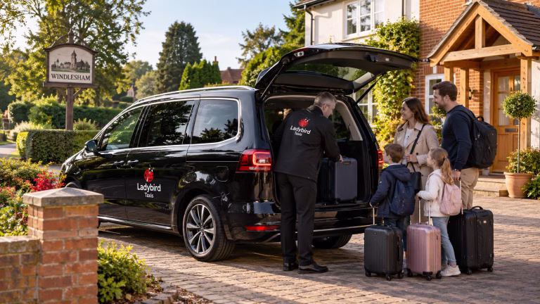 Local airport taxi ready for passenger pickup in Windlesham