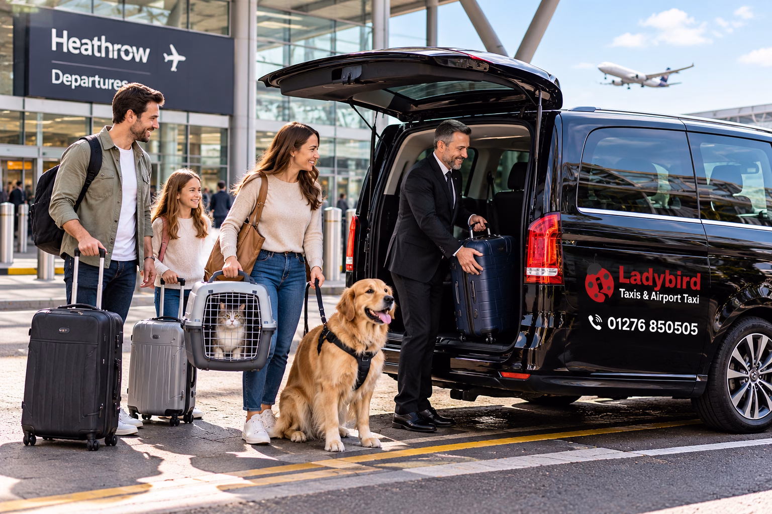 Pet-Friendly Taxis - Travel with Your Pets 4 Family with dog, secure cat carrier and luggage beside a black Ladybird airport taxi at Heathrow