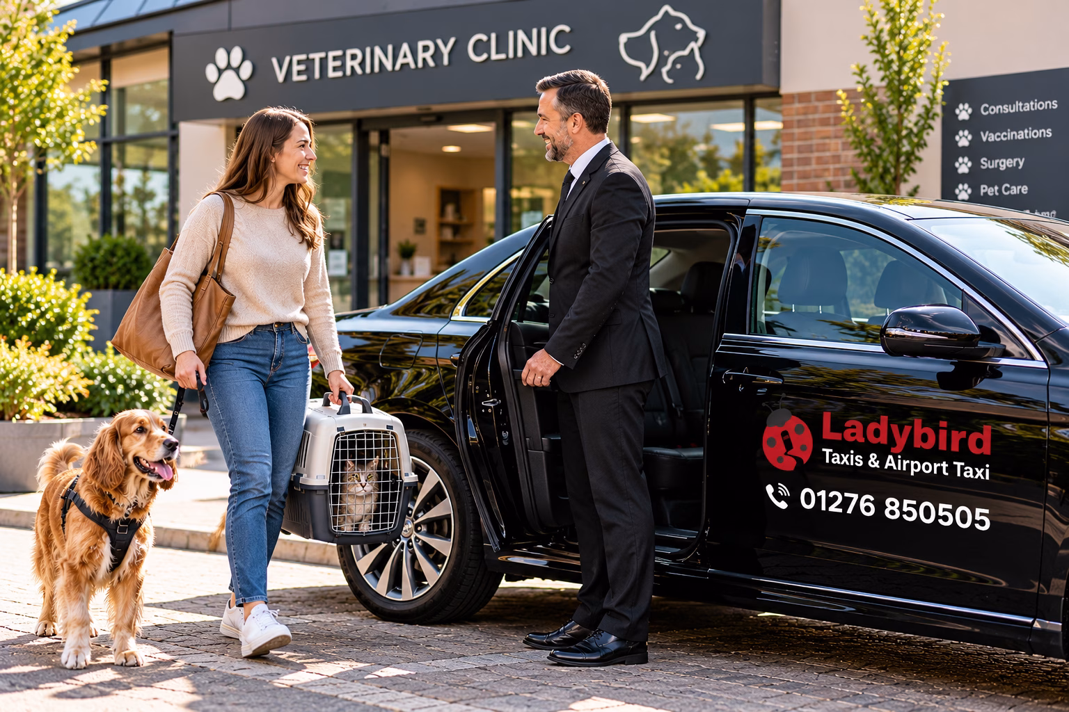 Pet-Friendly Taxis - Travel with Your Pets 2 Ladybird pet-friendly taxi taking a dog and its owner to a veterinary appointment in Surrey