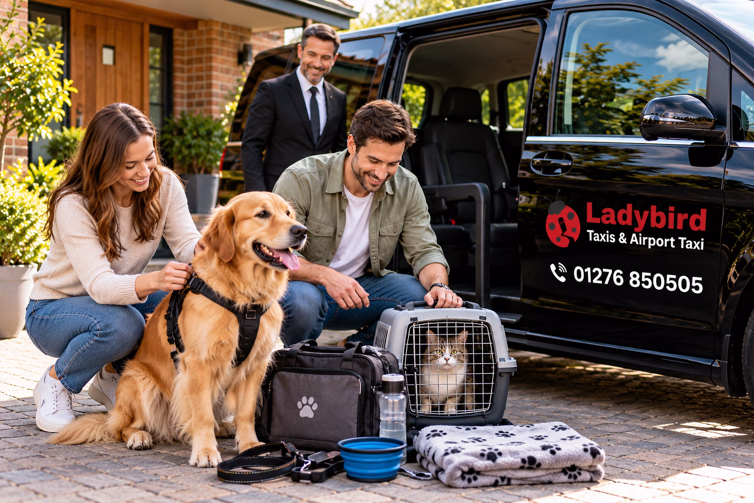 Pet-Friendly Taxis - Travel with Your Pets 1 Dog wearing travel harness beside cat carrier and essential supplies before a pet-friendly taxi journey